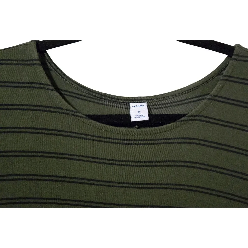 Old Navy Women's Skater Olive Green Black Striped Long Sleeve Swing Dress Medium